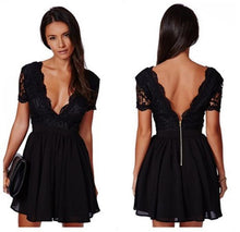 Load image into Gallery viewer, 2019 Backless Sexy Lace Dress Women short sleeve V-Neck Loose Summer A-Line Dress Black Elegant Party Dresses
