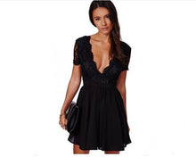 Load image into Gallery viewer, 2019 Backless Sexy Lace Dress Women short sleeve V-Neck Loose Summer A-Line Dress Black Elegant Party Dresses